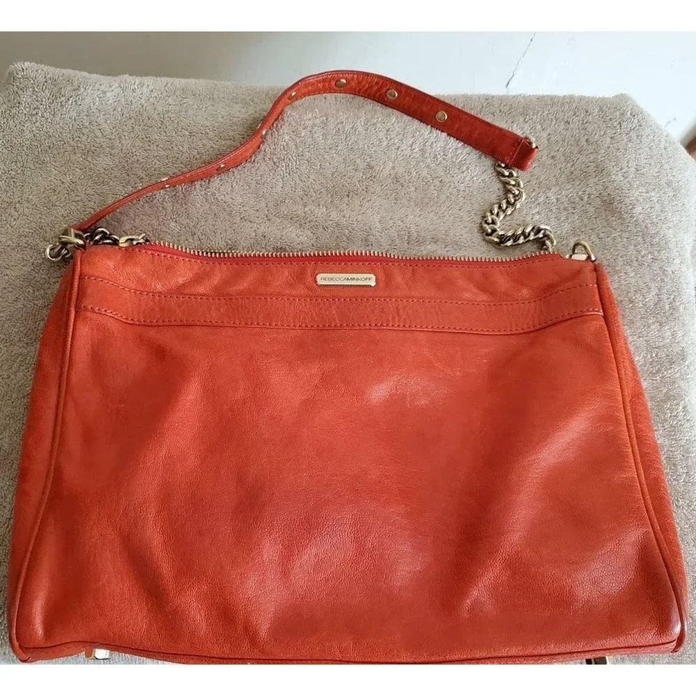 Rebecca Minkoff Women's Zip Closure Crossbody Handbag Leather Orange Chain